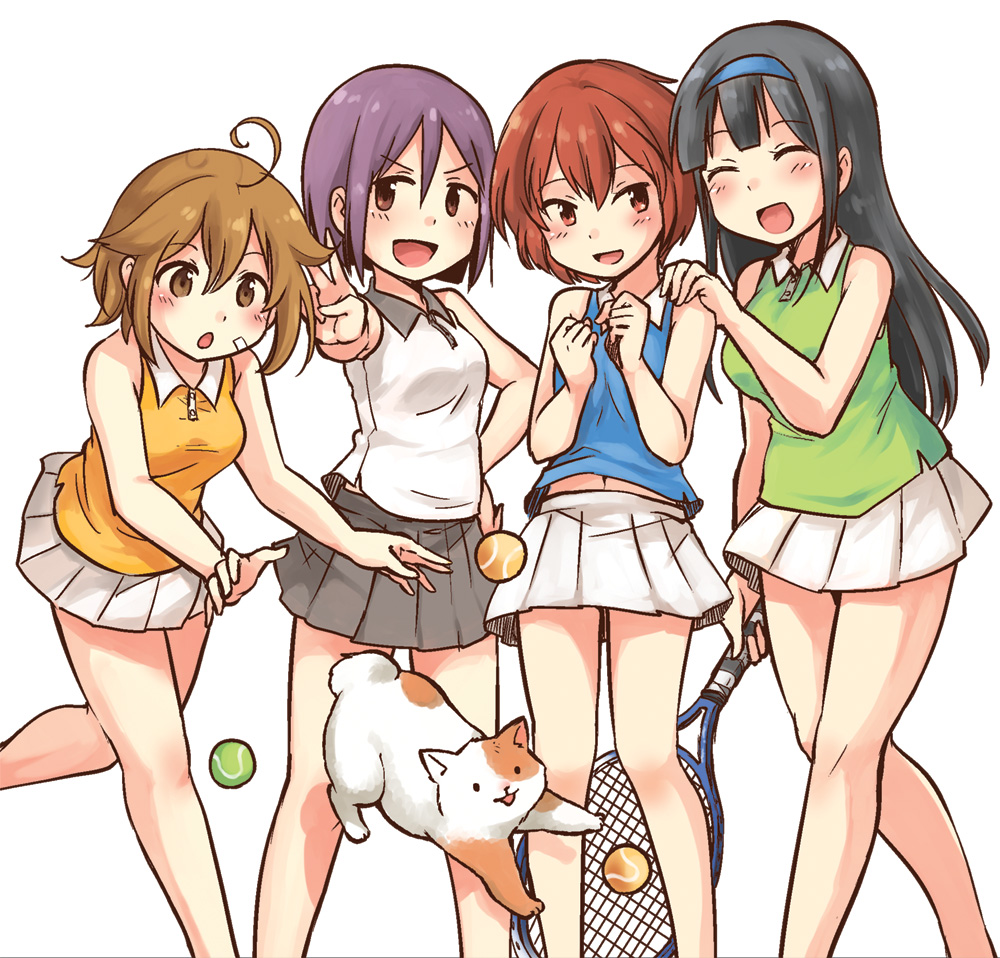 4girls :d :o ahoge ball bandaid bandaid_on_face bare_shoulders black_hair black_skirt blue_hairband blue_shirt bob_cut breasts brown_eyes cat character_request chasing closed_eyes collared_shirt commentary_request extraction feet_out_of_frame green_shirt hair_between_eyes hairband hand_on_another's_shoulder jumping kirisawa_juuzou large_breasts light_brown_hair long_hair looking_at_another looking_at_viewer midriff_peek miniskirt multiple_girls navel open_mouth original own_hands_together pleated_skirt purple_hair racket red_eyes red_hair shirt shoes short_hair simple_background skirt sleeveless sleeveless_shirt small_breasts smile sneakers sportswear standing tennis_ball tennis_racket tennis_skirt tennis_uniform usakame v w_arms white_background white_shirt white_skirt yellow_shirt