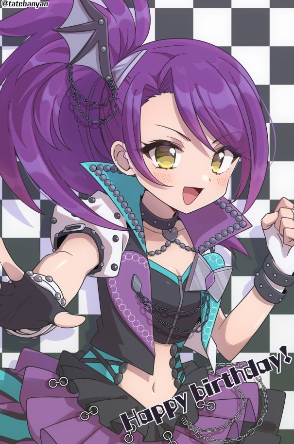 1girl :d black_collar black_gloves breasts cleavage clenched_hand collar commentary_request cowboy_shot crop_top cropped_jacket fingerless_gloves gloves hair_ornament hands_up jacket layered_skirt long_hair looking_at_viewer navel open_clothes open_jacket open_mouth outstretched_arm pretty_series pripara purple_hair side_ponytail skirt small_breasts smile solo standing tabana toudou_shion white_gloves wing_hair_ornament yellow_eyes