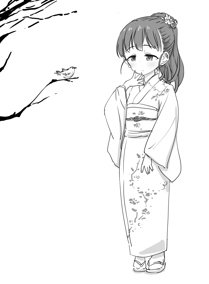 1girl bird black_hair branch closed_mouth commentary floral_print_kimono flower fukuyama_mai full_body greyscale hair_flower hair_ornament hand_on_own_chin idolmaster idolmaster_cinderella_girls japanese_clothes kanzashi kimono long_sleeves monochrome nishino_hikoji obi ponytail print_kimono sandals sash solo standing tabi tree white_background wide_sleeves zouri