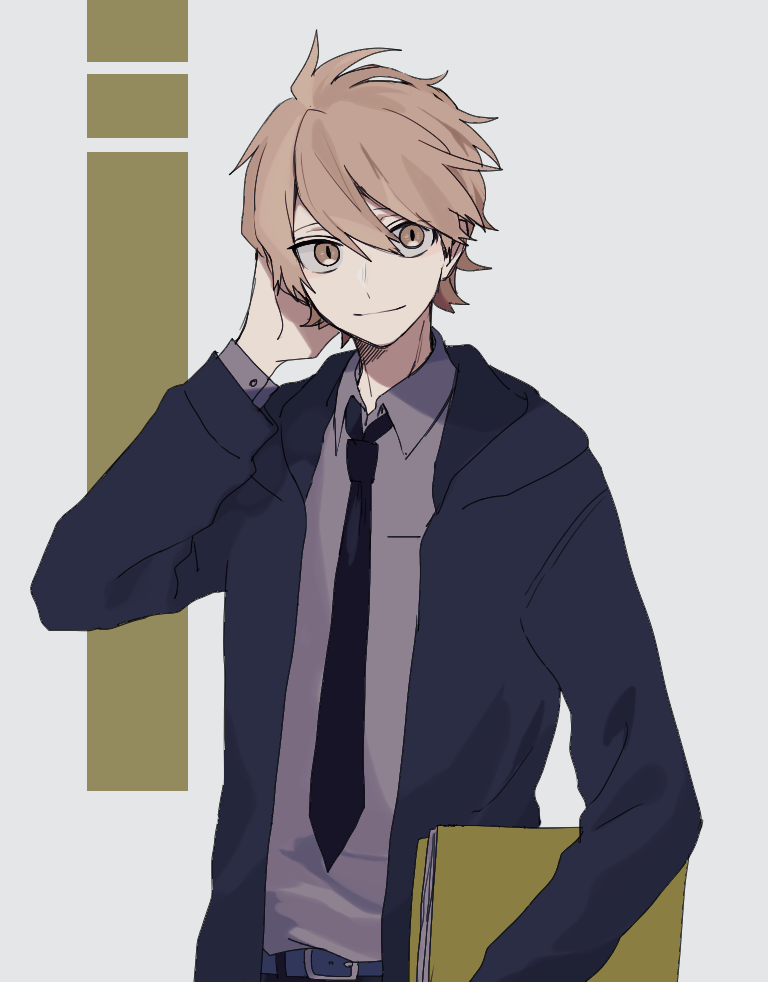 1boy belt book brown_eyes brown_hair collared_shirt hand_on_own_head holding holding_book hood hoodie long_sleeves maco22 male_focus necktie original shirt short_hair smile solo