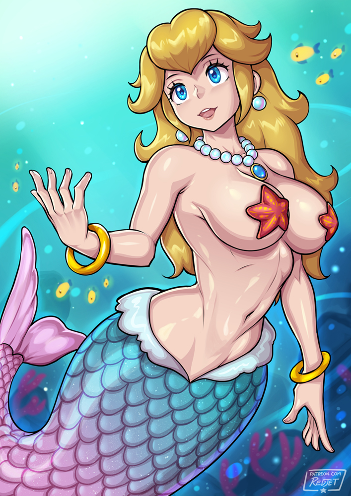 1girl bare_arms bare_shoulders blonde_hair blue_eyes bracelet breasts coral earrings fins fish fish_tail gold_bracelet hand_up jewelry large_breasts long_hair looking_to_the_side mario_(series) mermaid monster_girl navel necklace open_mouth pearl_earrings pearl_necklace princess_peach redjet smile solo starfish stomach super_mario_bros._1 tail teeth underwater upper_teeth_only