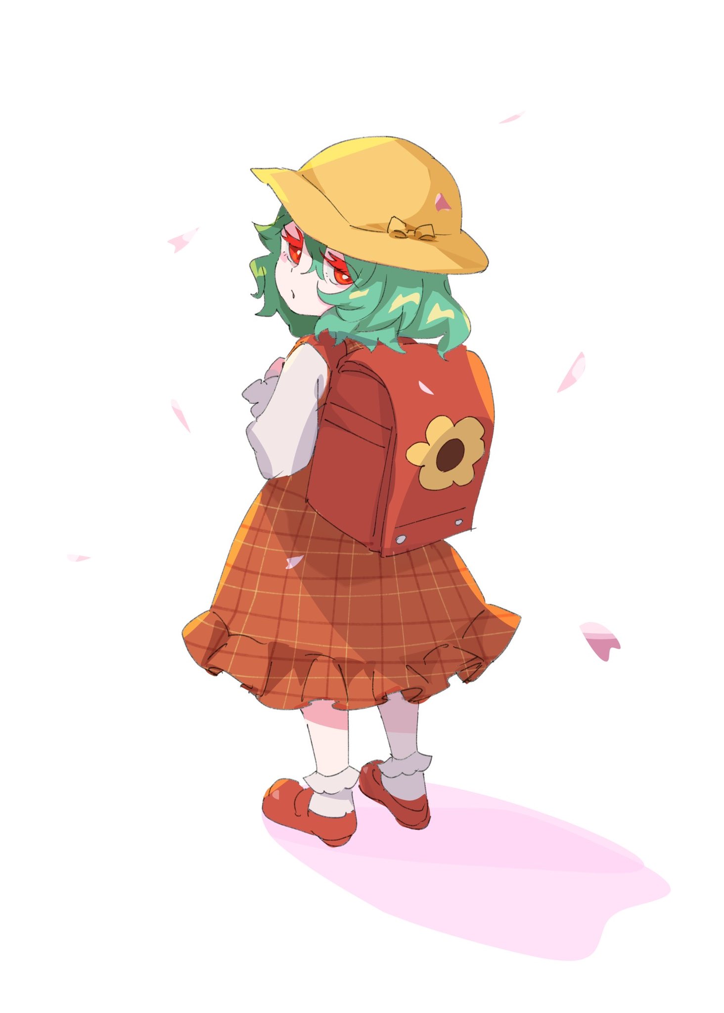 1girl aged_down backpack bag cherry_blossoms falling_petals floral_print green_hair highres jacket kazami_yuuka looking_at_viewer looking_back petals plaid plaid_jacket plaid_skirt red_bag red_eyes red_jacket red_skirt shirt short_hair skirt solo tohoyuukarin touhou white_background white_shirt yellow_hat