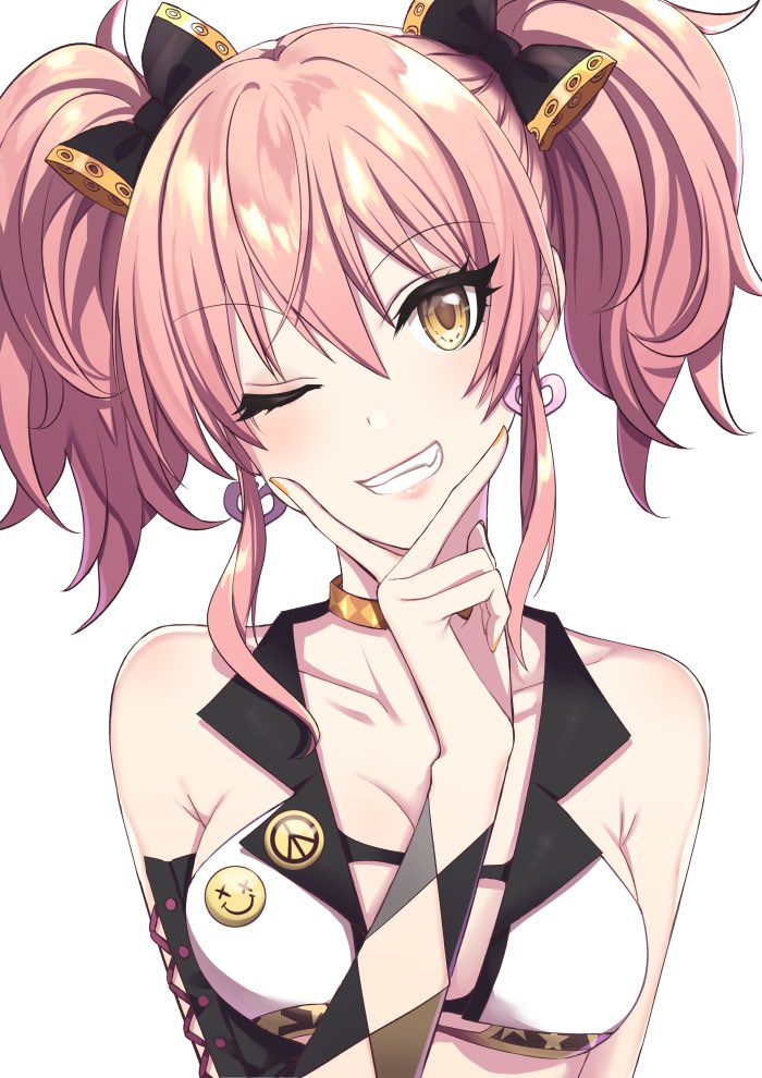 1girl badge bare_shoulders black_ribbon blush bow breasts button_badge cleavage collarbone crop_top cropped_shirt detached_sleeves dot_nose earrings gold_choker haikimono_shounen hair_between_eyes hair_bow hair_ribbon hand_on_own_chin hand_up heart heart_earrings idolmaster idolmaster_cinderella_girls idolmaster_cinderella_girls_starlight_stage jewelry jougasaki_mika long_hair looking_at_viewer medium_breasts one_eye_closed pink_hair ribbon shirt simple_background single_detached_sleeve sleeveless sleeveless_shirt solo twintails two-tone_shirt upper_body white_background yellow_eyes
