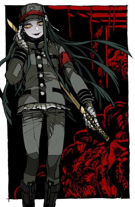 1boy androgynous armband bandaged_hand bandages black_footwear boots breast_pocket buttons chain danganronpa_(series) danganronpa_v3:_killing_harmony gakuran green_gakuran green_hair hat holding holding_sword holding_weapon jacket katana lipstick long_hair long_sleeves looking_at_viewer makeup male_focus mankintan no_mask pants pocket red_armband school_uniform shinguji_korekiyo shirt smile solo spoilers standing striped_clothes striped_jacket sword weapon yellow_eyes