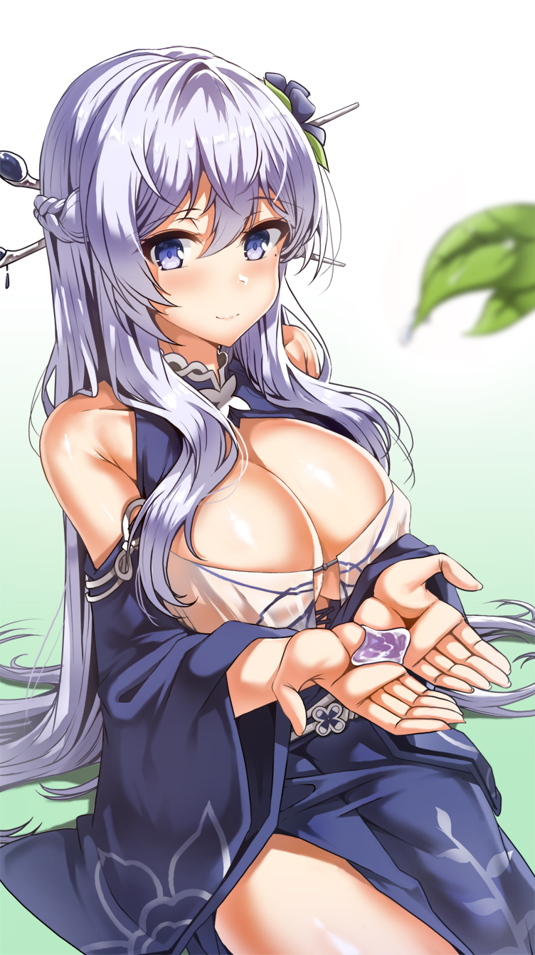 1girl armpit_crease bare_shoulders blurry blurry_background blush braid breasts cleavage cleavage_cutout clothing_cutout collarbone cupping_hands green_background hair_between_eyes hair_ornament hair_over_breasts hair_over_one_breast highres large_breasts leaf lhu_(barappra1) long_hair looking_at_viewer multicolored_background original own_hands_together purple_eyes purple_hair shiny_skin simple_background sitting smile solo thighs very_long_hair white_background