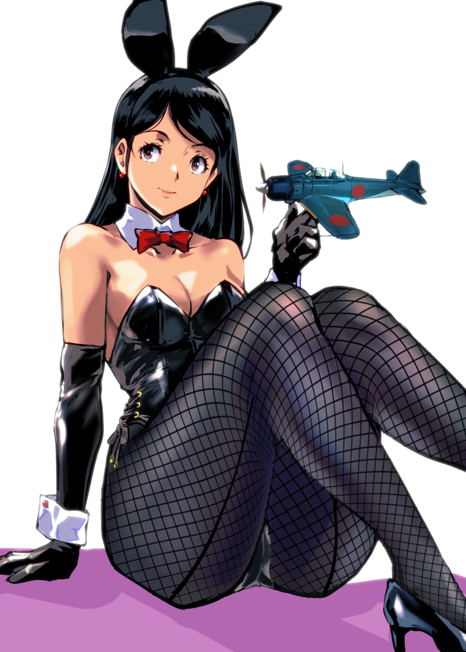 1girl a6m_zero aircraft airplane animal_ears black_hair bow bowtie breasts brown_eyes bunny_day cleavage closed_mouth collarbone commentary_request detached_collar fake_animal_ears fishnet_pantyhose fishnet_thighhighs fishnets gloves hand_up highres kamisimo_90 long_hair medium_breasts original pantyhose playboy_bunny rabbit_ears red_bow red_bowtie sitting smile thighhighs wrist_cuffs