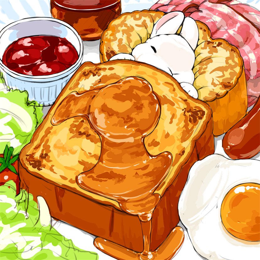 animal_focus bacon bread bread_slice cherry_tomato closed_eyes commentary egg_(food) food food_focus french_toast fried_egg lettuce lilac_(p-f_easy) lying maple_syrup no_humans on_back original rabbit sausage sleeping tomato white_fur