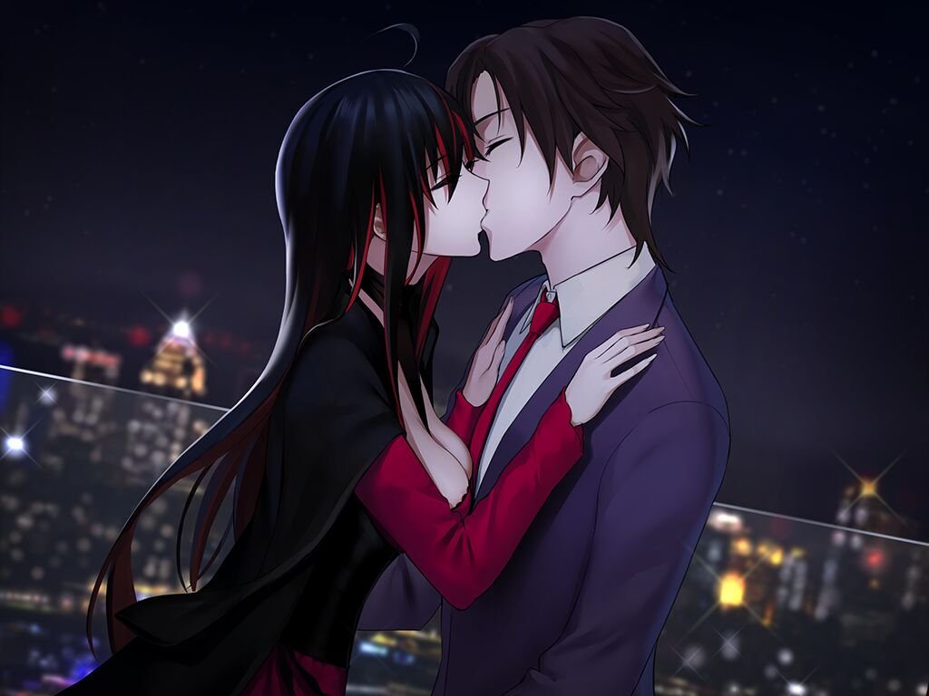 1boy 1girl ahoge bangs black_hair blurry blurry_background breast_press breasts brown_hair cleavage closed_eyes cyril_corvan dress fate/empire_of_dirt from_side game_cg hair_between_eyes hetero jacket kiss liu_xiu_(fate/empire_of_dirt) long_hair medium_breasts multicolored_hair necktie night outdoors purple_jacket red_dress red_hair red_necktie short_hair straight_hair tsuki_tokage two-tone_hair very_long_hair