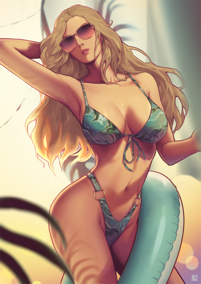 1girl arm_behind_head arm_up armpits artist_name bikini blonde_hair blue_bikini breasts collarbone commentary english_commentary front-tie_bikini front-tie_top highleg highleg_bikini highres innertube jn3 large_breasts long_hair navel o-ring o-ring_bikini original parted_lips solo standing stomach sunglasses swimsuit