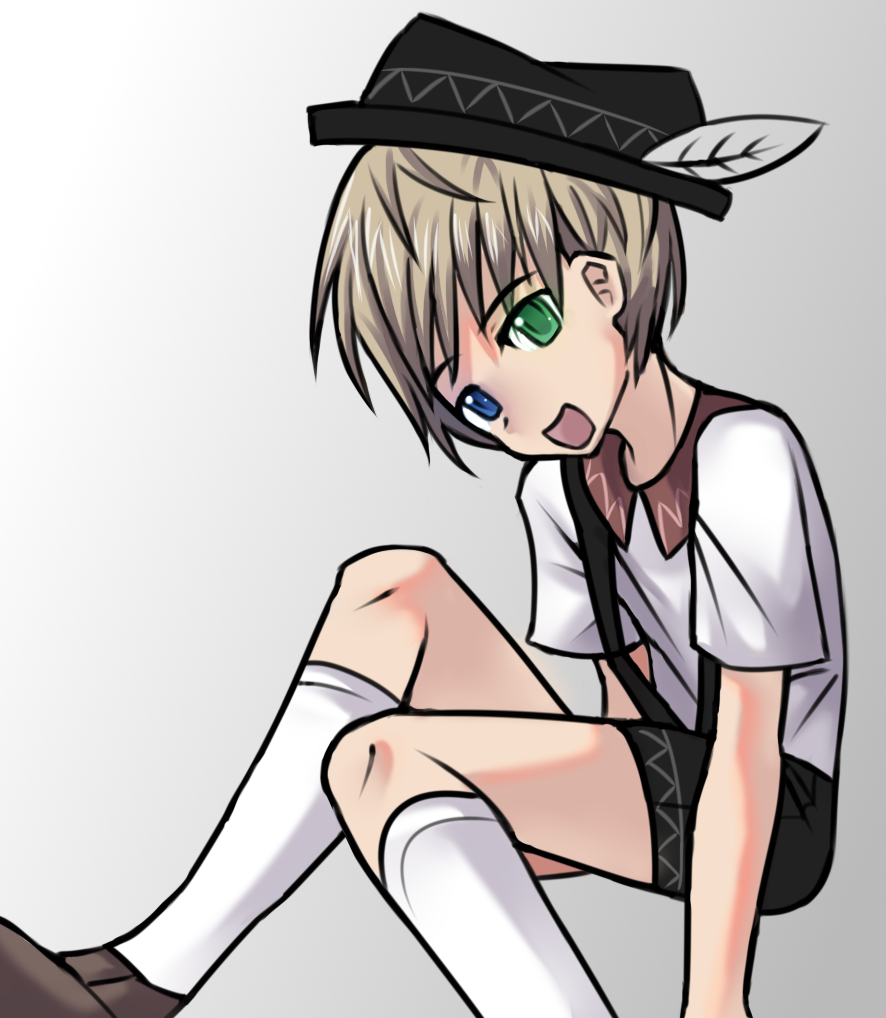 1boy black_headwear blonde_hair blue_eyes feet_out_of_frame german_clothes green_eyes hat heterochromia keflorey kneehighs leaning_forward lederhosen looking_at_viewer male_child male_focus open_mouth original shirt shorts simple_background socks solo white_background white_shirt white_socks