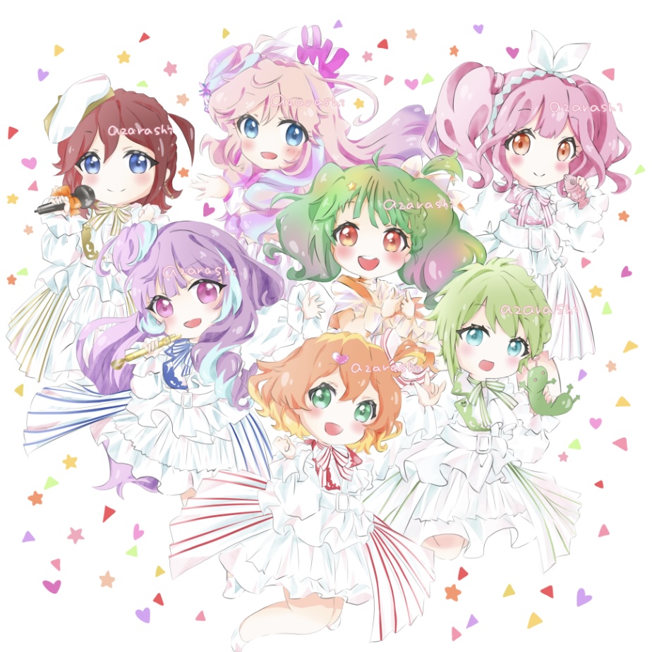 6+girls azarashi-sensei beret blonde_hair blue_eyes blue_hair blush brown_eyes chibi dress freyja_wion green_eyes green_hair hair_ribbon hat holding holding_microphone kaname_buccaneer macross macross_delta macross_frontier makina_nakajima microphone mikumo_guynemer multicolored_hair multiple_girls oosanshouuo-san open_mouth orange_hair pink_hair purple_eyes purple_hair ranka_lee reina_prowler ribbon sheryl_nome short_hair smile streaked_hair twintails walkure_(macross_delta) white_dress white_headwear white_ribbon