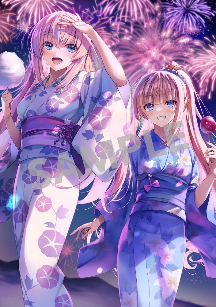 2girls arm_up bangs blue_eyes blue_kimono blue_scrunchie blush bow breasts brown_hair candy_apple cotton_candy dress dutch_angle fang feet_out_of_frame fireworks floral_print flower_knot food gradient_eyes grin hair_between_eyes hair_ornament hair_scrunchie hand_up high_ponytail holding holding_food ichinose_honami_(youjitsu) japanese_clothes karuizawa_kei kimono long_hair long_sleeves looking_at_viewer looking_away multicolored_eyes multiple_girls night obi official_art open_mouth outdoors pink_bow pink_hair ponytail purple_eyes sample_watermark sash scrunchie short_sleeves small_breasts smile standing thighs tomose_shunsaku very_long_hair walking white_kimono wide_sleeves youkoso_jitsuryoku_shijou_shugi_no_kyoushitsu_e yukata