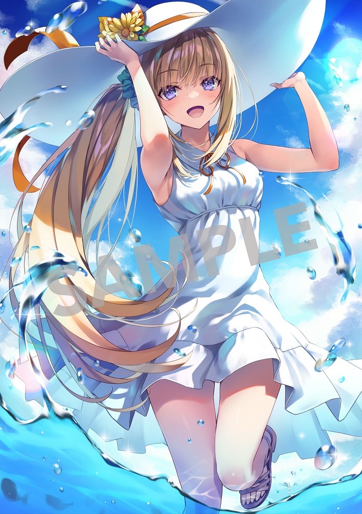 1girl armpits arms_up bangs bare_arms bare_legs blue_scrunchie blue_sky blush breasts brown_footwear brown_hair caustics cloud cloudy_sky commentary_request day dress fish flower hair_ornament hair_scrunchie hands_on_headwear hat hat_flower hat_ribbon karuizawa_kei knees_together_feet_apart large_hat long_hair looking_at_viewer neck_ribbon official_art open_mouth outdoors partially_underwater_shot ponytail purple_eyes ribbon sample_watermark sandals scrunchie short_dress sideboob sky sleeveless sleeveless_dress smile solo splashing standing standing_on_one_leg sun_hat sundress thigh_gap thighs toes tomose_shunsaku very_long_hair wading water white_dress white_headwear yellow_flower yellow_ribbon youkoso_jitsuryoku_shijou_shugi_no_kyoushitsu_e