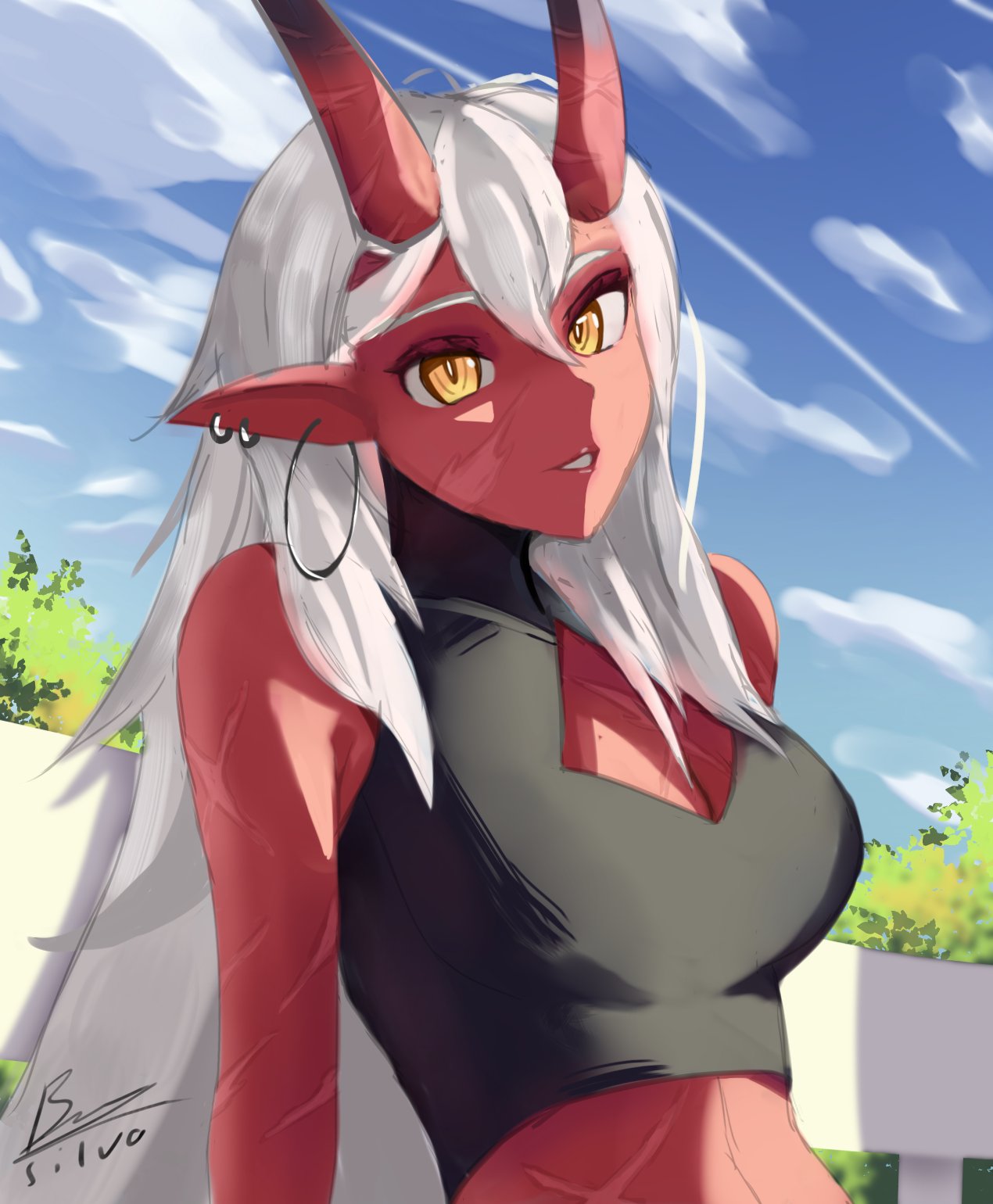 1girl akumi_(yoclesh) cleavage_cutout clothing_cutout cloud colored_skin earrings english_commentary hair_behind_ear highres hoop_earrings horns jewelry looking_at_viewer oni_horns parted_lips pointy_ears red_skin scar silva_arts sky smile solo tree virtual_youtuber vyugen white_hair