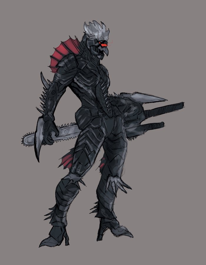 1boy armor beak black_armor blade chainsaw chainsword cyborg english_commentary fins full_body fusion gigan godzilla_(series) godzilla_final_wars grey_background holding holding_weapon huge_weapon j_darkerart metal_gear_(series) metal_gear_rising:_revengeance monster monster_boy organic profile raiden_(metal_gear) science_fiction sharp_teeth spiked_hair spines teeth tokusatsu visor weapon