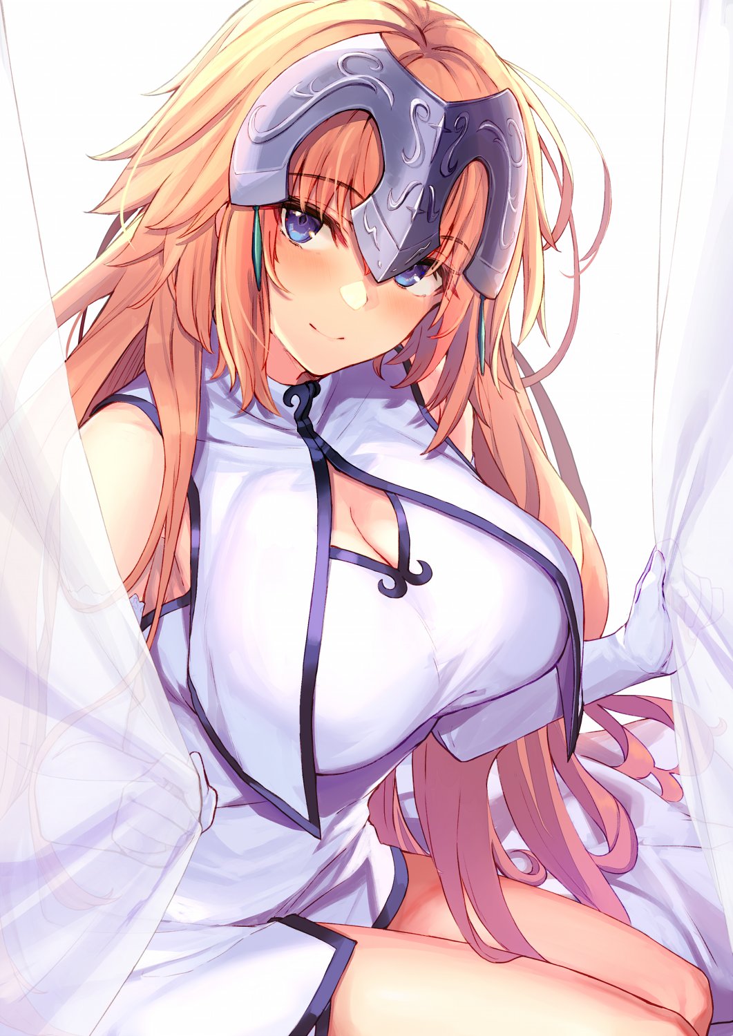 1girl bangs blonde_hair blue_eyes blush breasts cleavage cleavage_cutout clothing_cutout curtains dress fate/apocrypha fate/grand_order fate_(series) gloves headpiece highres jeanne_d'arc_(fate) jeanne_d'arc_(ruler)_(fate) large_breasts long_hair ninoude_(ninoude44) sleeveless smile solo very_long_hair white_dress