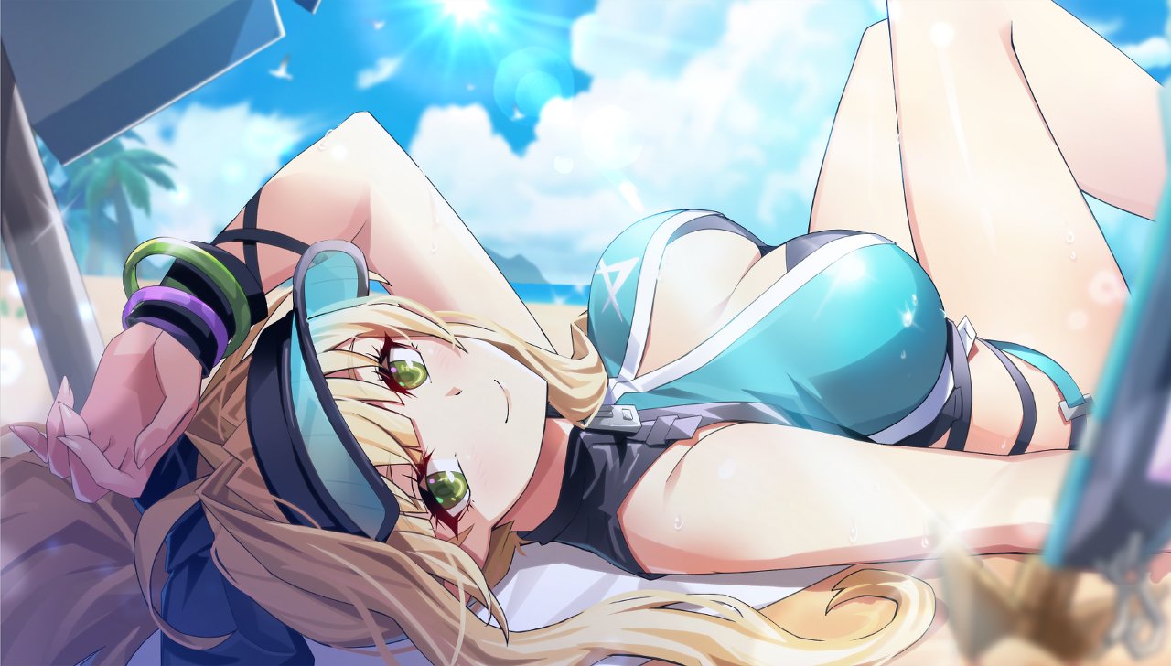 1girl ahoge arm_up bangle bare_shoulders bikini black_bikini blonde_hair blue_bikini blurry bow bracelet breasts cleavage cleavage_cutout closed_mouth clothing_cutout day depth_of_field elf grand_chase green_eyes hair_bow jewelry large_breasts legs_up lens_flare lire_(grand_chase) long_hair looking_at_viewer lying official_art on_back outdoors pointy_ears ponytail smile solo sunlight swimsuit thighs third-party_source two-tone_bikini visor_cap
