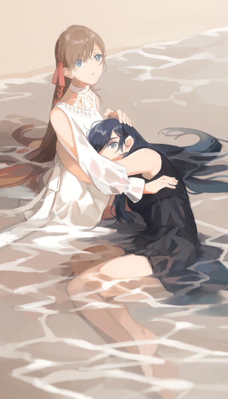 2girls bangs bare_shoulders barefoot black_dress black_hair blue_eyes brown_hair clothing_cutout collarbone covered_mouth dress final_fantasy final_fantasy_xiv from_above full_body gaia_(ff14) hair_over_one_eye hair_ribbon hand_on_another's_back hand_on_another's_head highres hyur lap_pillow long_hair long_sleeves looking_at_viewer looking_up lying multiple_girls on_side one_eye_covered outdoors partially_submerged puffy_long_sleeves puffy_sleeves ribbon ryne sechi_suu shoulder_cutout sitting straight_hair swept_bangs water white_dress yuri