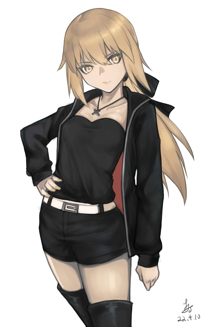 1girl artoria_pendragon_(fate) bangs belt belt_buckle black_bow black_footwear black_jacket black_shirt black_shorts blonde_hair boots bow breasts buckle cleavage closed_mouth collarbone cross cross_necklace dated fate/stay_night fate_(series) hair_between_eyes hair_bow hand_on_hip jacket jewelry long_hair long_sleeves looking_at_viewer low_ponytail necklace open_clothes open_jacket saber_alter shiny shiny_hair shirt short_shorts shorts signature simple_background small_breasts solo standing thigh_boots very_long_hair viktorf white_background white_belt yellow_eyes zettai_ryouiki