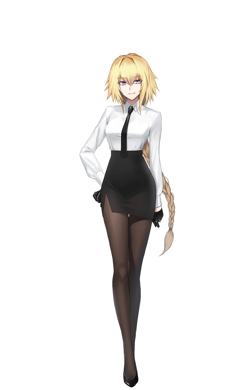 1girl bangs black_footwear black_gloves black_skirt blonde_hair braid braided_ponytail closed_mouth collared_shirt fate/empire_of_dirt floating_hair formal full_body game_cg gloves hair_between_eyes hand_on_hip high_heels highres jeanne_d'arc_(fate) jeanne_d'arc_(ruler)_(fate) long_hair looking_at_viewer miniskirt pantyhose pencil_skirt pumps purple_eyes shirt side_slit skirt skirt_suit smile solo standing suit tachi-e thigh_gap transparent_background tsuki_tokage very_long_hair white_shirt wing_collar