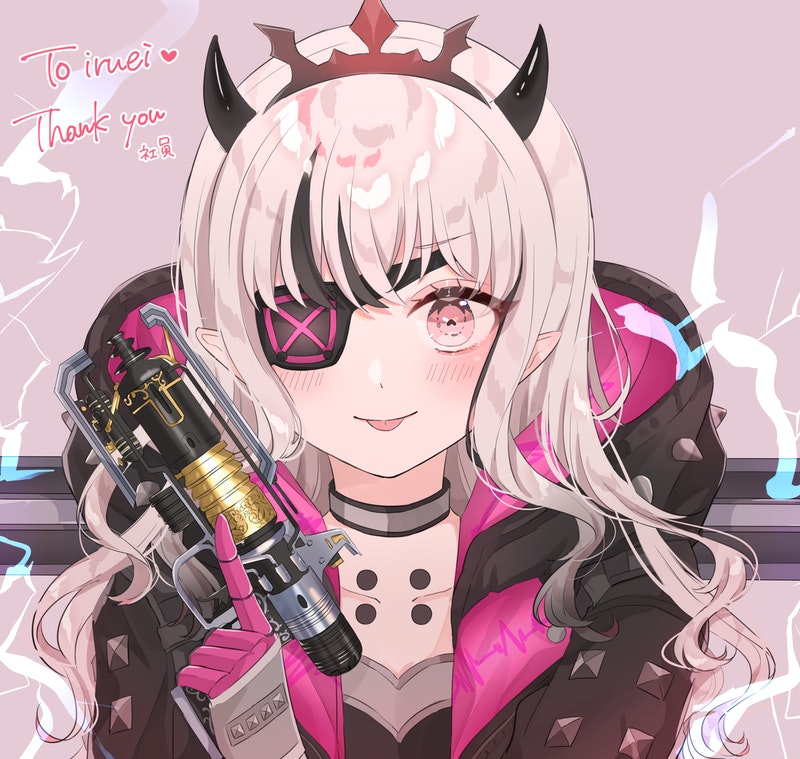 1girl apex_legends b3_wingman black_jacket blonde_hair blush collarbone commission cosplay cyber_punked_wattson english_commentary eyepatch gun hair_behind_ear handgun heart holding holding_gun holding_weapon hood hooded_jacket horns indie_virtual_youtuber iruei_(vtuber) jacket mixed-language_commentary one_eye_covered pink_background pink_eyes pointy_ears revolver shain skeb_commission solo spiked_hood tongue tongue_out trigger_discipline virtual_youtuber wattson_(apex_legends) wattson_(apex_legends)_(cosplay) weapon