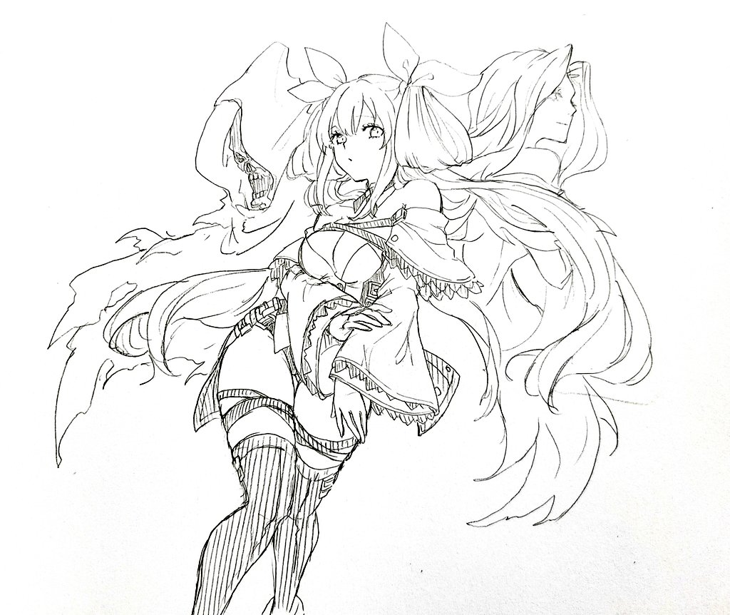 1girl angel_wings asymmetrical_wings bangs bare_shoulders belt black_panties blue_hair blush breasts choker cleavage closed_mouth collarbone detached_collar detached_sleeves dizzy_(guilty_gear) ebi_pri_shrimp grabbing_own_arm guilty_gear guilty_gear_xrd hair_between_eyes hair_ribbon hair_rings large_breasts looking_at_viewer monochrome monster_girl necro_(guilty_gear) panties ribbon sidelocks skindentation thick_thighs thigh_strap thighhighs thighs traditional_media twintails underwear undine_(guilty_gear) wide_sleeves wings