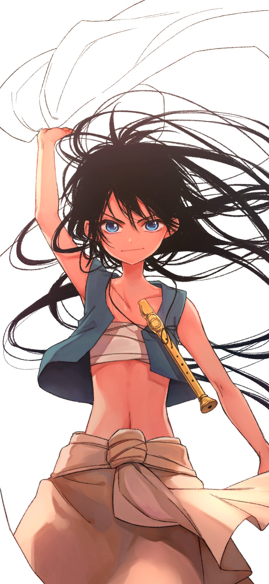 1boy aladdin_(magi) black_hair blue_eyes blue_shirt child commentary_request easy-0426 flute highres holding instrument long_hair looking_at_viewer magi_the_labyrinth_of_magic male_child male_focus midriff multiple_sources navel shirt simple_background solo white_background