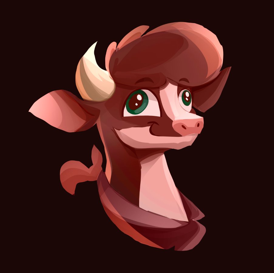 2_horns ambiguous_gender arizona_cow_(tfh) bandanna big_ears bovid bovine brown_body brown_hair cattle derp_eyes eyebrows feral green_eyes hair horn kerchief mammal pink_nose poxy_boxy simple_background smile solo them's_fightin'_herds white_body