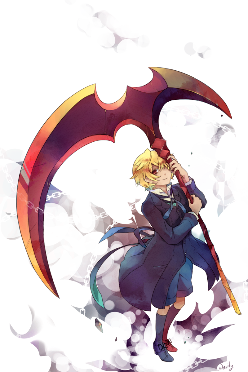 1boy black_jacket black_shorts blonde_hair chain full_body highres holding holding_scythe jacket light_smile male_focus oz_vessalius pandora_hearts red_eyes scythe short_hair shorts solo standing wavily