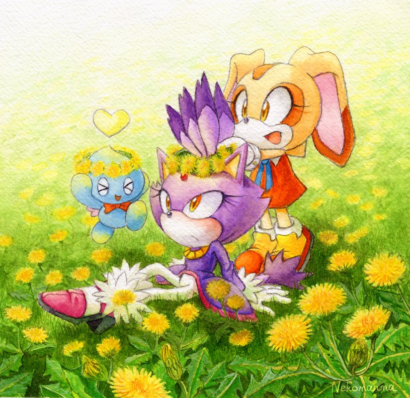 1other 2girls animal_ears blaze_the_cat brown_eyes cat_ears cat_girl cat_tail cheese_(sonic) cream_the_rabbit dress field flower flower_field forehead_jewel furry furry_female head_wreath heart jacket multiple_girls nekosoul orange_dress orange_footwear pants pink_footwear ponytail purple_jacket rabbit_ears rabbit_girl sonic_(series) tail white_pants yellow_eyes