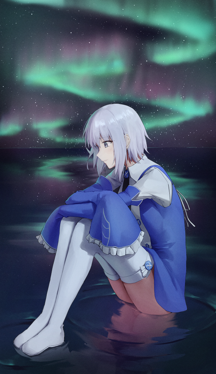 1girl aurora blue_shirt boots detached_sleeves echo_(pandora_hearts) grey_eyes grey_hair long_shirt pandora_hearts ripples sarhce shirt short_hair sitting sleeves_past_fingers sleeves_past_wrists solo thigh_boots water white_footwear