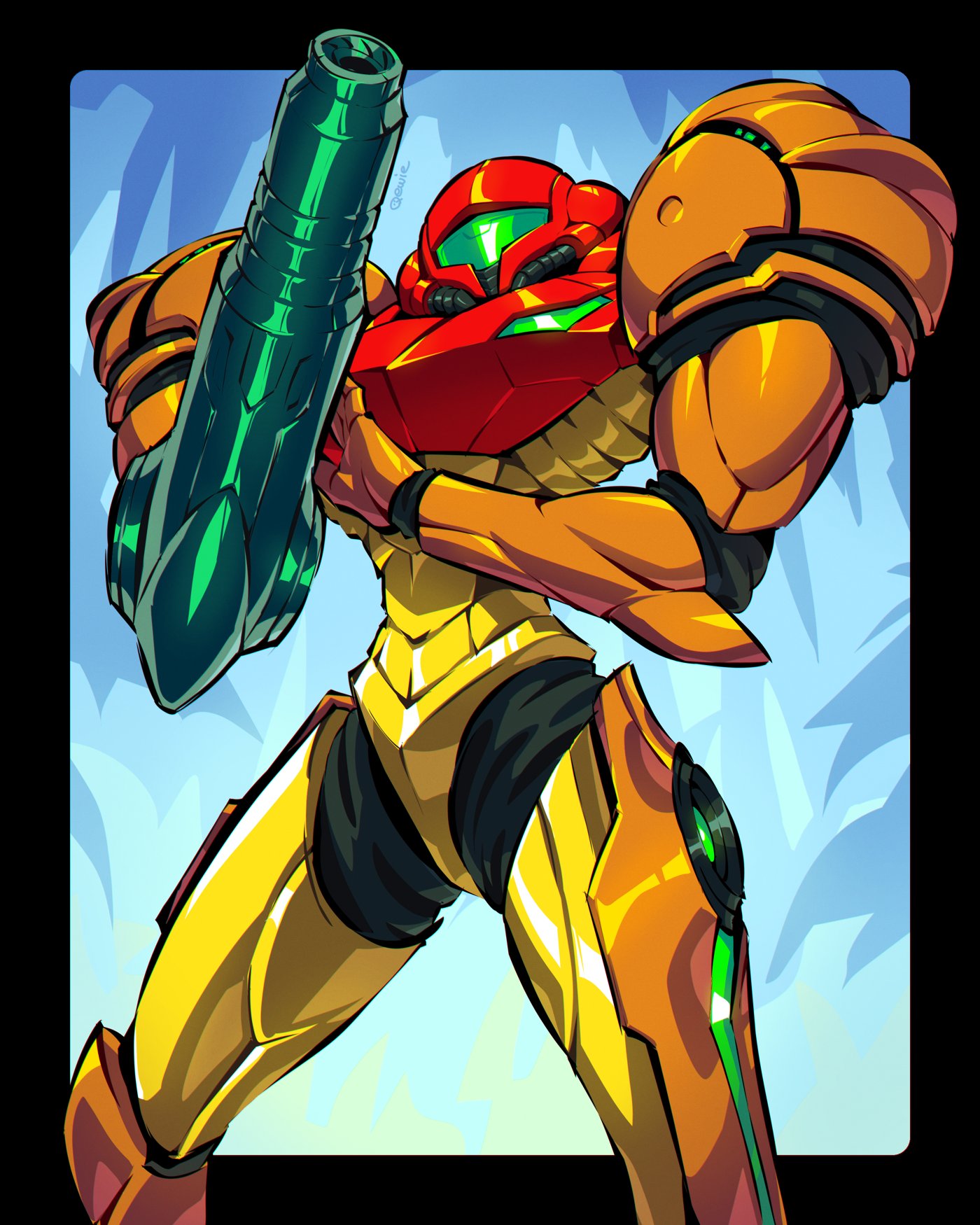 1girl 333_(dqqqdle) arm_cannon armor assault_visor helmet highres metroid power_armor power_suit power_suit_(metroid) samus_aran solo weapon