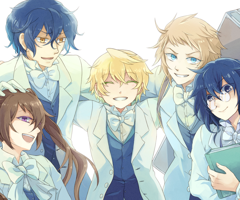 1girl 4boys alice_(pandora_hearts) black_hair black_vest blue_eyes bow bowtie brown_hair elliot_nightray gilbert_nightray glasses grin hand_on_another's_head leo_(pandora_hearts) long_hair looking_at_viewer multiple_boys open_mouth oz_vessalius pandora_hearts purple_eyes school_uniform short_hair smile suit twintails vest wavily white_background white_bow white_bowtie white_suit yellow_eyes