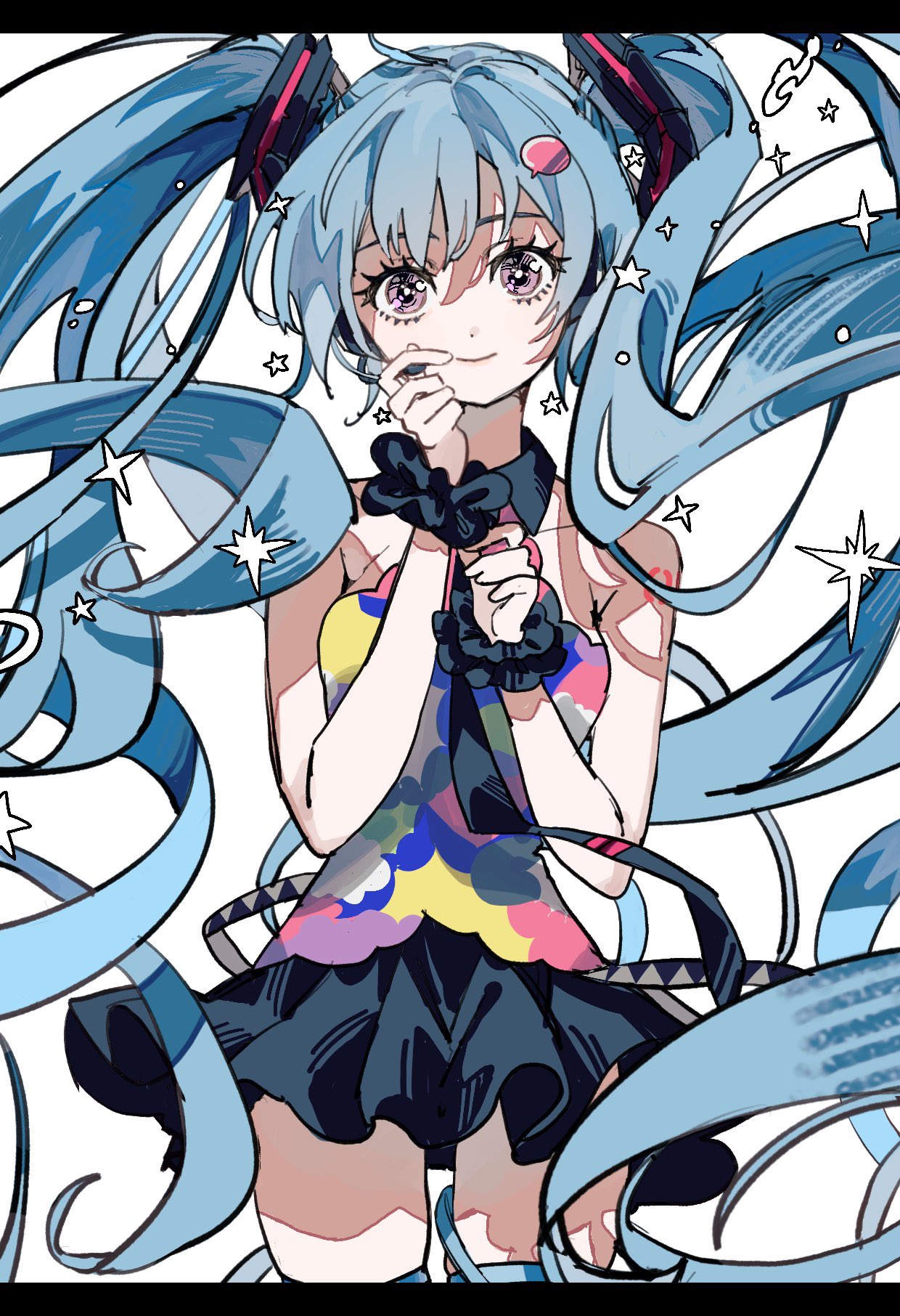 1girl adjusting_headset bare_shoulders belt black_necktie black_scrunchie black_skirt blue_hair blue_shirt closed_mouth collarbone cowboy_shot dot_nose floating_hair hair_between_eyes hair_ornament hand_up hatsune_miku head_tilt headset highres inu_totemo long_bangs long_hair looking_at_viewer loose_belt microphone miniskirt multicolored_shirt necktie number_tattoo pink_eyes pink_shirt pleated_skirt scrunchie shirt sidelocks simple_background skirt sleeveless sleeveless_shirt smile solo straight-on tattoo tell_your_world_(vocaloid) thick_thighs thighs twintails very_long_hair vocaloid white_background wrist_scrunchie yellow_shirt