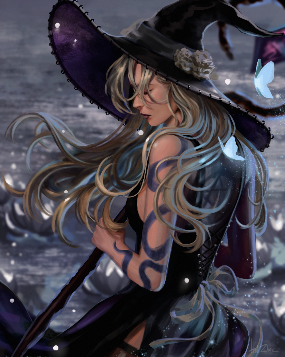 black_dress blue_butterfly bug butterfly dress gold_eyes hat highres holding holding_staff hollizho long_hair magic sheer_sleeves snake staff tattoo witch witch_hat