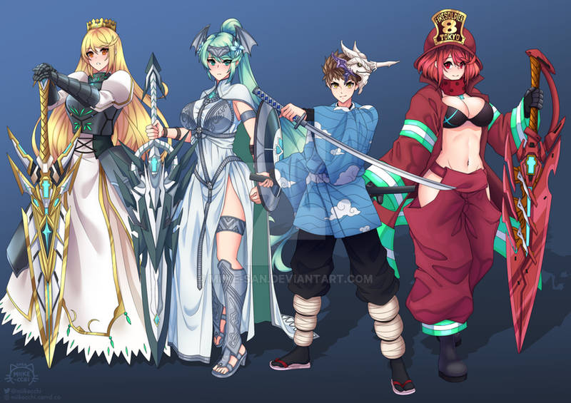 1boy 3girls aegis_sword_(xenoblade) ahoge armor armored_dress artist_request artoria_pendragon_(fate) baggy_pants bare_shoulders bikini bikini_top_only black_bikini blonde_hair blush breasts brown_hair character_request checkered_haori coat commentary copyright_request cosplay crossover demon_slayer_uniform dress en'en_no_shouboutai fire firefighter_jacket gauntlets gloves green_eyes green_hair hands_on_hilt headpiece hip_vent holding holding_shield holding_sword holding_weapon jacket japanese_clothes kamado_tanjirou kamado_tanjirou_(cosplay) kimetsu_no_yaiba large_breasts long_hair long_sleeves looking_at_viewer metal_gloves multiple_girls mythra_(xenoblade) open_clothes open_coat pants pneuma_(xenoblade) ponytail pyra_(xenoblade) red_coat red_eyes red_hair red_pants rex_(xenoblade) saber_(fate) saber_(fate)_(cosplay) shield short_hair swept_bangs swimsuit sword tamaki_kotatsu tamaki_kotatsu_(cosplay) very_long_hair weapon xenoblade_chronicles_(series) xenoblade_chronicles_2 yellow_eyes