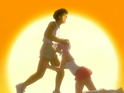 1girl animated animated_gif ass brown_hair closed_eyes epic fellatio hand_on_another's_head hetero lowres magical_canan magical_kanan_summer_camp oral penis pink_hair screencap shorts skirt sunset