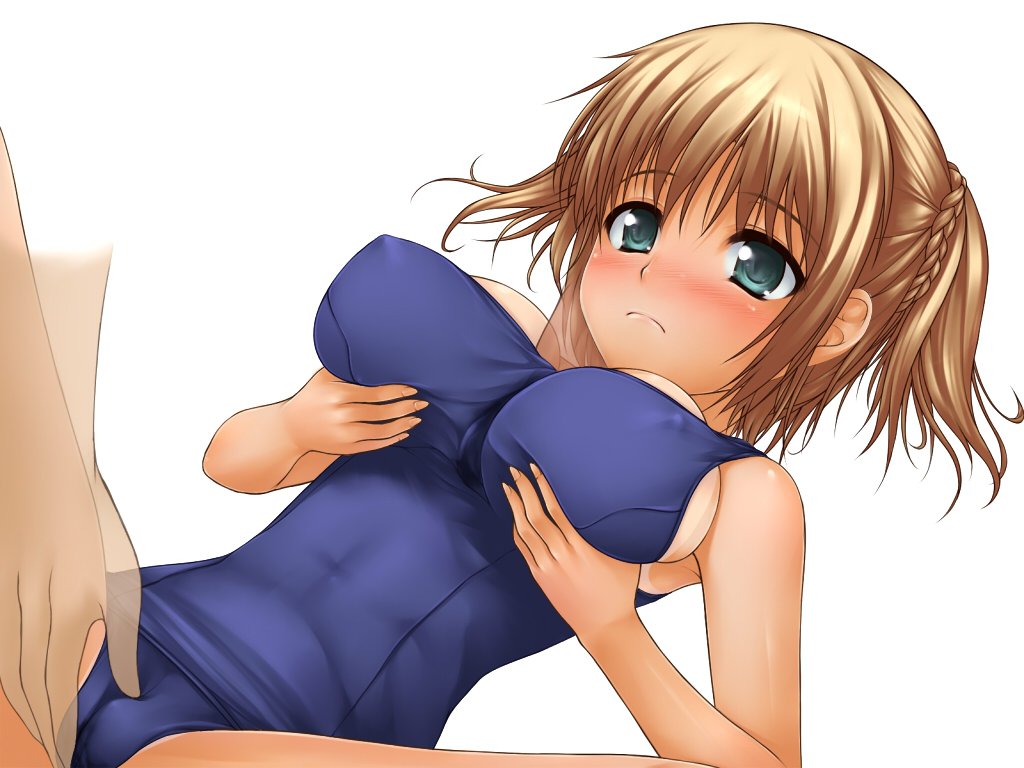 1girl bikini_tan blush breast_grab breasts copyright_request covered_nipples crotch_grab eyebrows_visible_through_hair grabbing green_eyes hetero large_breasts nipples one-piece_swimsuit paizuri paizuri_under_clothes penis penis_under_clothes school_swimsuit solo_focus swimsuit tan tanline uni8