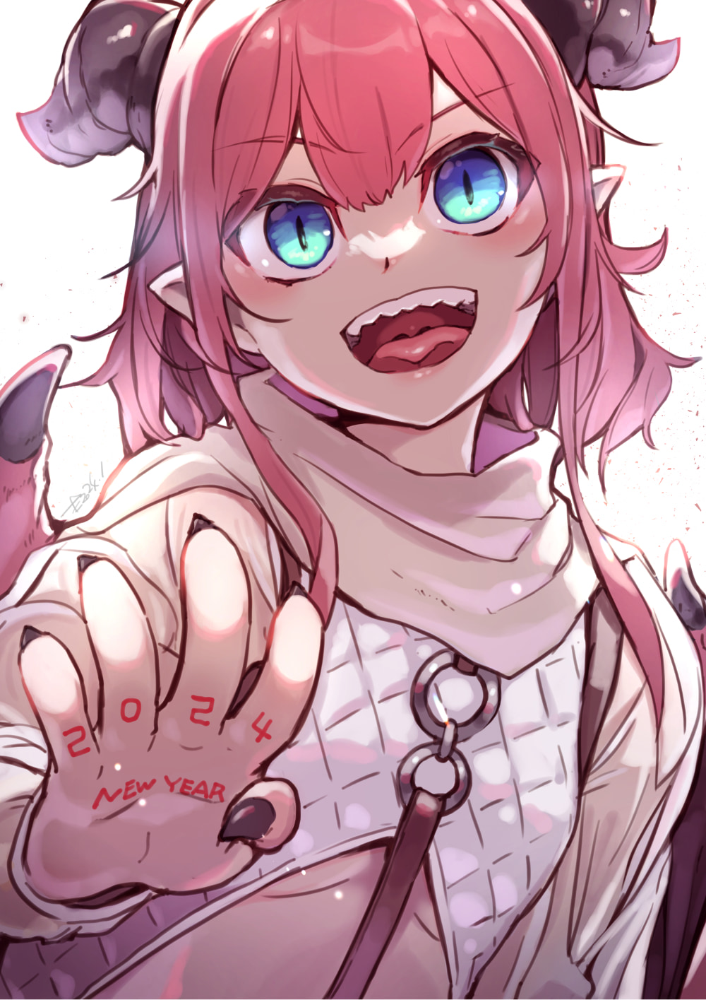 1girl 2024 :d artist_name belt black_horns black_nails blue_eyes breasts claws cropped_torso dark_skin dated dragon_girl dragon_wings highres horns jewelry light_blush looking_at_viewer medium_hair monster_girl myuutau_tadakichi original outstretched_hand pink_hair pointy_ears quilted_clothes ring scarf sharp_teeth slit_pupils small_breasts smile solo teeth tongue underboob uvula white_background white_scarf wings