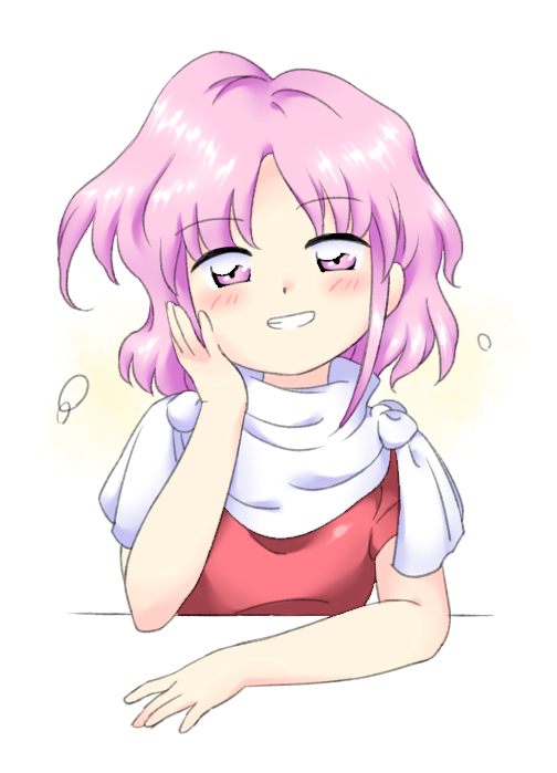 1girl blush grin hand_on_own_cheek hand_on_own_face hand_up looking_at_viewer nonamejd official_style parted_bangs pink_eyes pink_hair sara_(touhou) short_hair smile solo teeth touhou touhou_(pc-98) zun_(style)