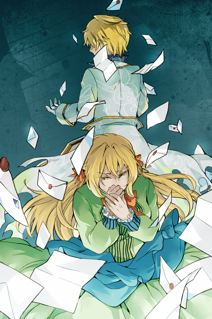 1boy 1girl ada_vessalius blonde_hair bow bowtie brother_and_sister coat crying dress gloves green_dress letter long_hair oz_vessalius pandora_hearts red_bow red_bowtie short_hair siblings wavily white_coat white_gloves