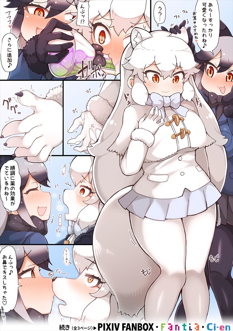 2023 after_transformation animal_humanoid anthro blush bottomwear breasts canid canid_humanoid captain_(kemono_friends) clothing dialogue digital_media_(artwork) drinking_potion duo ear_grab female female/female forced forced_transformation fur growth humanoid humanoid_to_anthro japanese_text kemono_friends mammal mammal_humanoid open_mouth potion ribbons silver_fox_(kemono_friends) skirt smile snout snout_growth surprise tanaka_kusao text transformation white_body white_fur