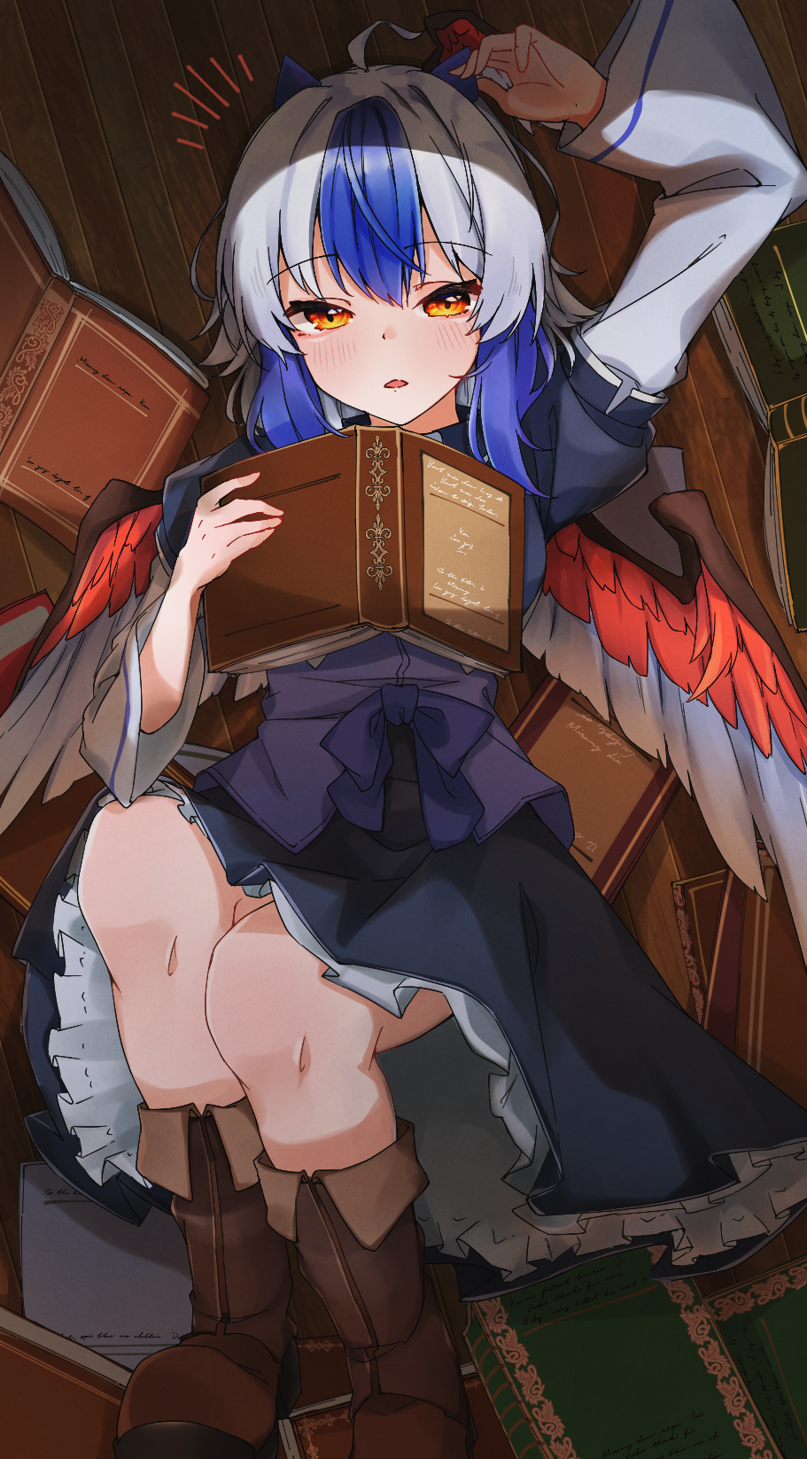 1girl ahoge bird_wings black_dress blue_hair blue_horns blush book boots brown_footwear dress feathered_wings floor grey_hair gunsou1350 head_wings highres holding holding_book horns knee_boots layered_sleeves long_sleeves looking_at_viewer multicolored_hair open_mouth orange_eyes petticoat red_wings short_hair short_over_long_sleeves short_sleeves single_head_wing solo tokiko_(touhou) touhou wings