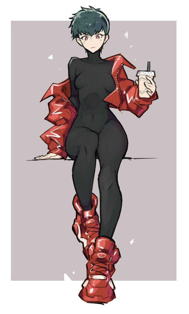 1girl black_bodysuit bodystocking bodysuit breasts breasts_apart covered_navel cup disposable_cup drinking_straw expressionless genderswap genderswap_(mtf) getter_robo gou_saotome green_hair hanahiyo_(hoimin) holding holding_cup jacket red_eyes red_footwear red_jacket shin_getter_robo shoes short_hair sitting small_breasts solo wide_hips