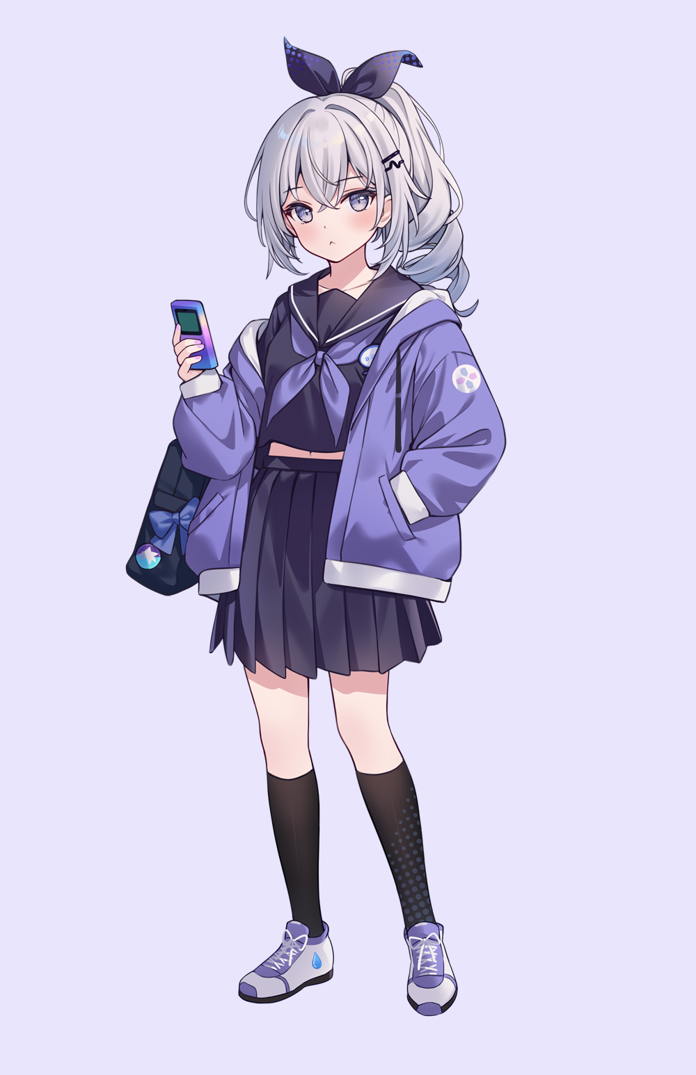 1girl bag black_ribbon black_sailor_collar black_shirt black_skirt black_socks blush cellphone closed_mouth collarbone drawstring full_body grey_eyes grey_hair hair_between_eyes hair_ornament hair_ribbon hairclip hand_in_own_hair highres hitsukuya holding holding_phone honkai:_star_rail honkai_(series) hood hood_down hooded_jacket jacket kneehighs long_sleeves looking_at_viewer navel neckerchief off_shoulder open_clothes open_jacket phone pleated_skirt puffy_long_sleeves puffy_sleeves purple_background purple_jacket purple_neckerchief ribbon sailor_collar school_bag shirt shoes sidelocks silver_wolf_(honkai:_star_rail) simple_background skirt socks solo standing white_footwear