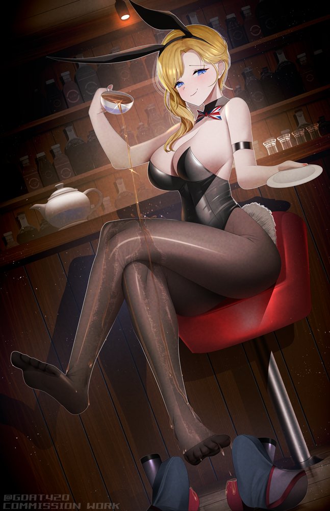 1girl alternate_costume animal_ears armlet artist_name azur_lane bar_(place) black_leotard black_pantyhose blonde_hair blue_eyes bow bowtie breasts closed_mouth commission covered_navel crossed_legs cup detached_collar english_commentary fake_animal_ears feet full_body gdat hair_over_shoulder hands_up holding holding_cup hood_(azur_lane) indoors large_breasts legs leotard long_hair looking_at_viewer pantyhose playboy_bunny pouring rabbit_ears rabbit_tail shoes sitting smile smirk solo strapless strapless_leotard tail tea teacup toes union_jack_print unworn_shoes watermark wet wet_clothes wet_pantyhose