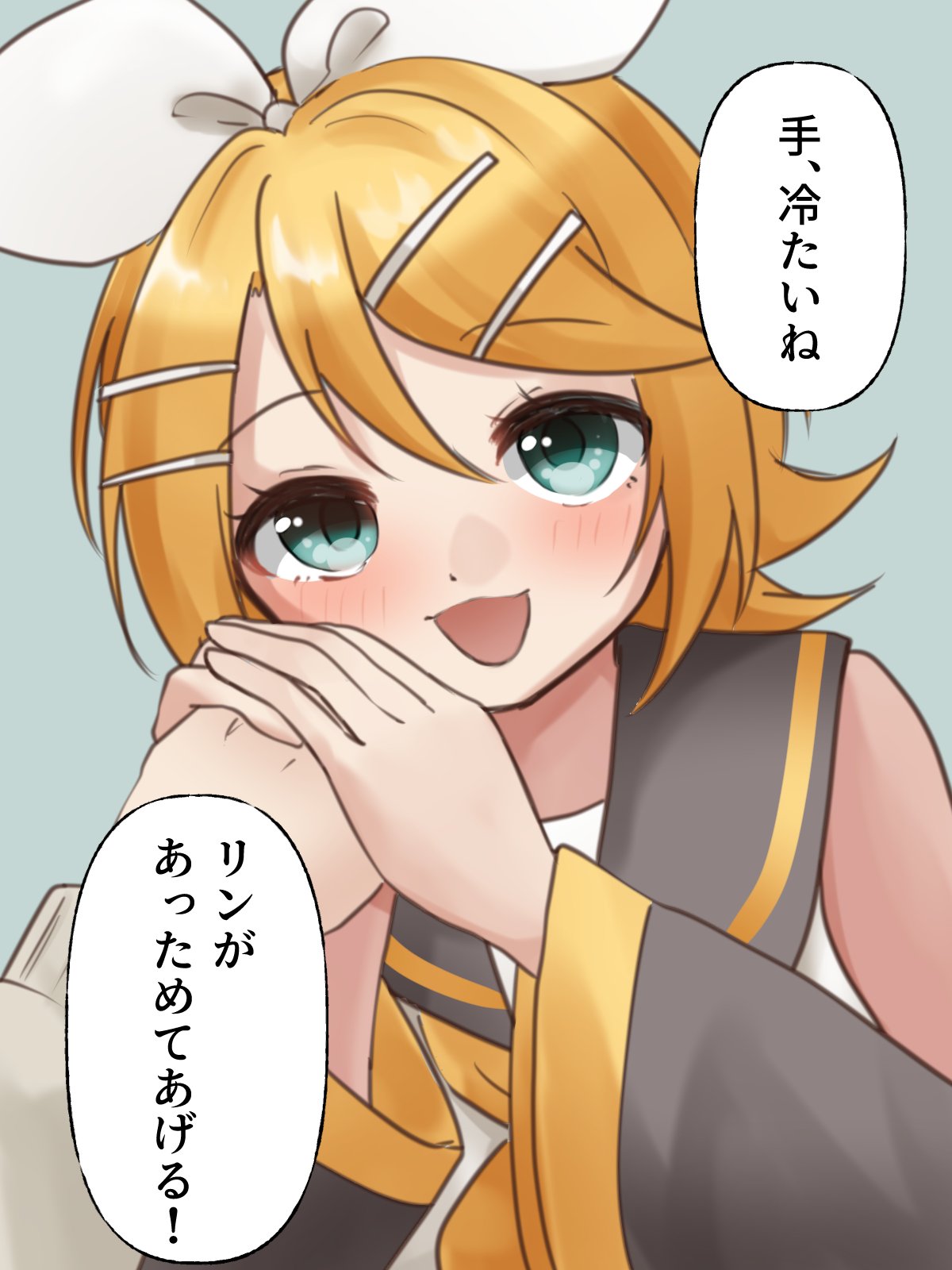 1girl 1other :3 aqua_eyes black_sailor_collar blonde_hair blush bow cheek_rest commentary eshe_mr grabbing_another's_hand hair_between_eyes hair_bow hair_ornament hairclip highres kagamine_rin looking_at_viewer master_(vocaloid) neckerchief open_mouth pov pov_hands sailor_collar short_hair smile solo_focus speech_bubble swept_bangs translated upper_body vocaloid white_bow yellow_neckerchief