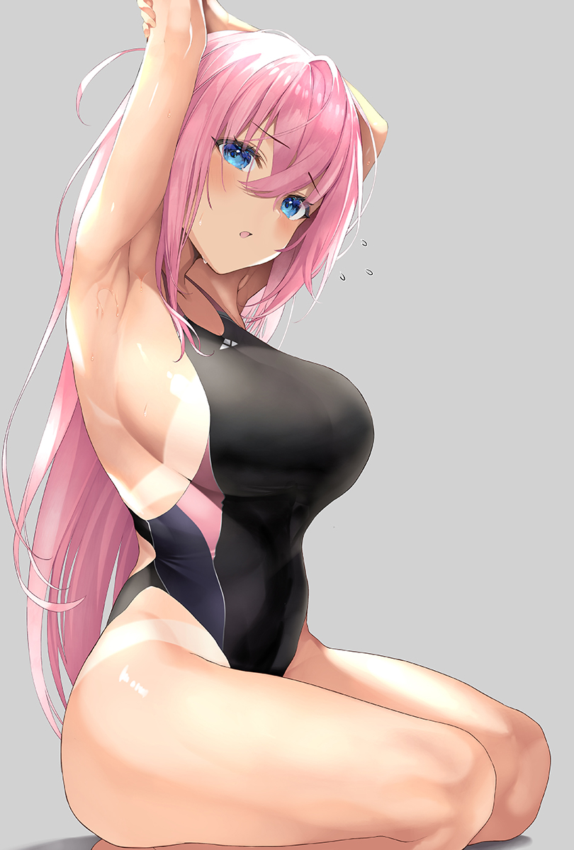 1girl armpits arms_up black_one-piece_swimsuit blue_eyes blush bocchi_the_rock! breasts commentary competition_swimsuit covered_navel flying_sweatdrops gotoh_hitori grey_background hair_between_eyes highleg highleg_swimsuit highres inuzumi_masaki large_breasts legs long_hair looking_at_viewer navel one-piece_swimsuit one-piece_tan open_mouth pink_hair seiza sitting solo sweat swimsuit tan tanlines thick_thighs thighs