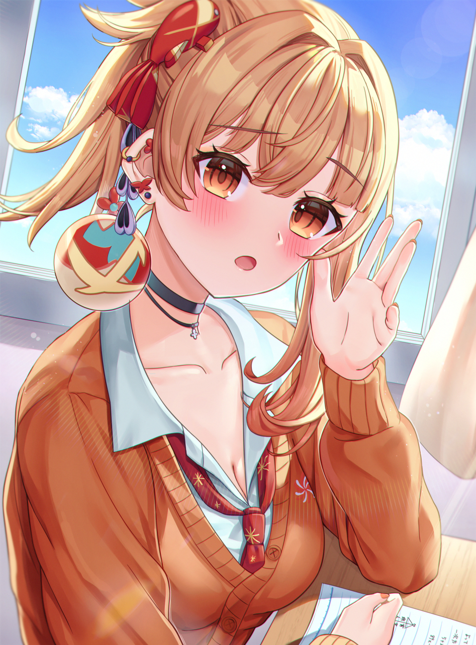 1girl black_choker blonde_hair blue_sky blush breasts choker cloud collared_shirt commentary_request desk earrings genshin_impact hair_ornament hand_up highres indoors jewelry long_sleeves medium_breasts mikoto_(0709mikoto) necktie open_mouth orange_eyes orange_sweater ponytail red_necktie school_desk school_uniform shirt sky solo stud_earrings sweater white_shirt window yoimiya_(genshin_impact)