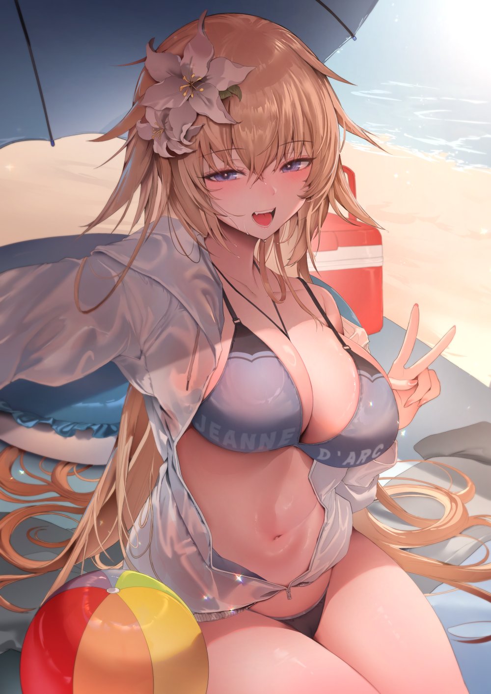 1girl ball bare_shoulders beach beach_mat beach_umbrella beachball bikini blonde_hair blue_bikini blue_eyes blue_innertube blue_jacket blush breasts character_name cleavage collarbone commentary_request fang fate/grand_order fate_(series) flower hair_flower hair_ornament half-closed_eyes highres jacket jeanne_d'arc_(fate) jeanne_d'arc_(swimsuit_archer)_(first_ascension)_(fate) large_breasts long_hair looking_at_viewer navel ocean open_mouth outstretched_arm partially_unzipped smile solo stomach swimsuit teeth umbrella upper_teeth_only v very_long_hair water white_flower zerocat
